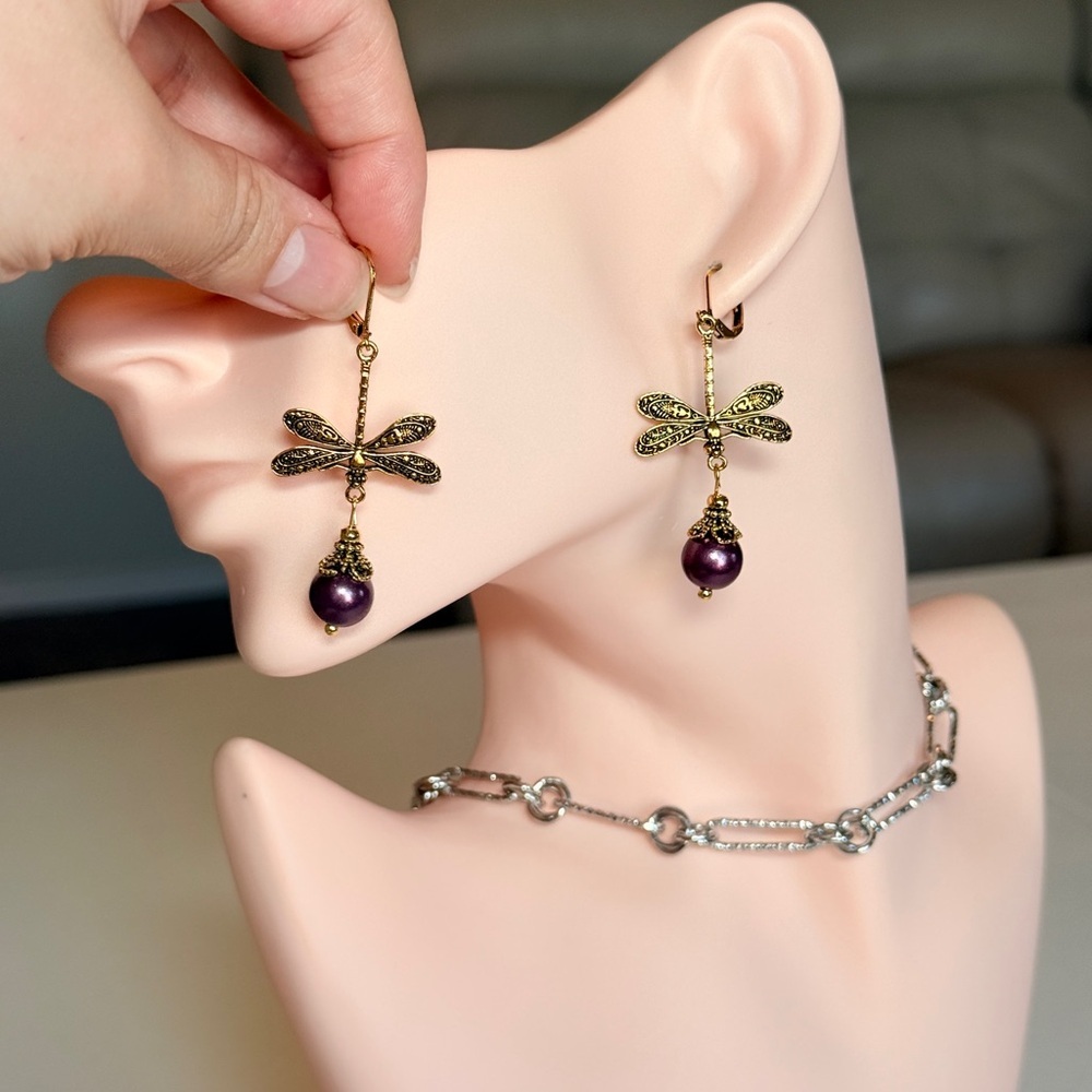 Gold Dragonfly Earrings with Purple Pearls - Picture 9 of 10